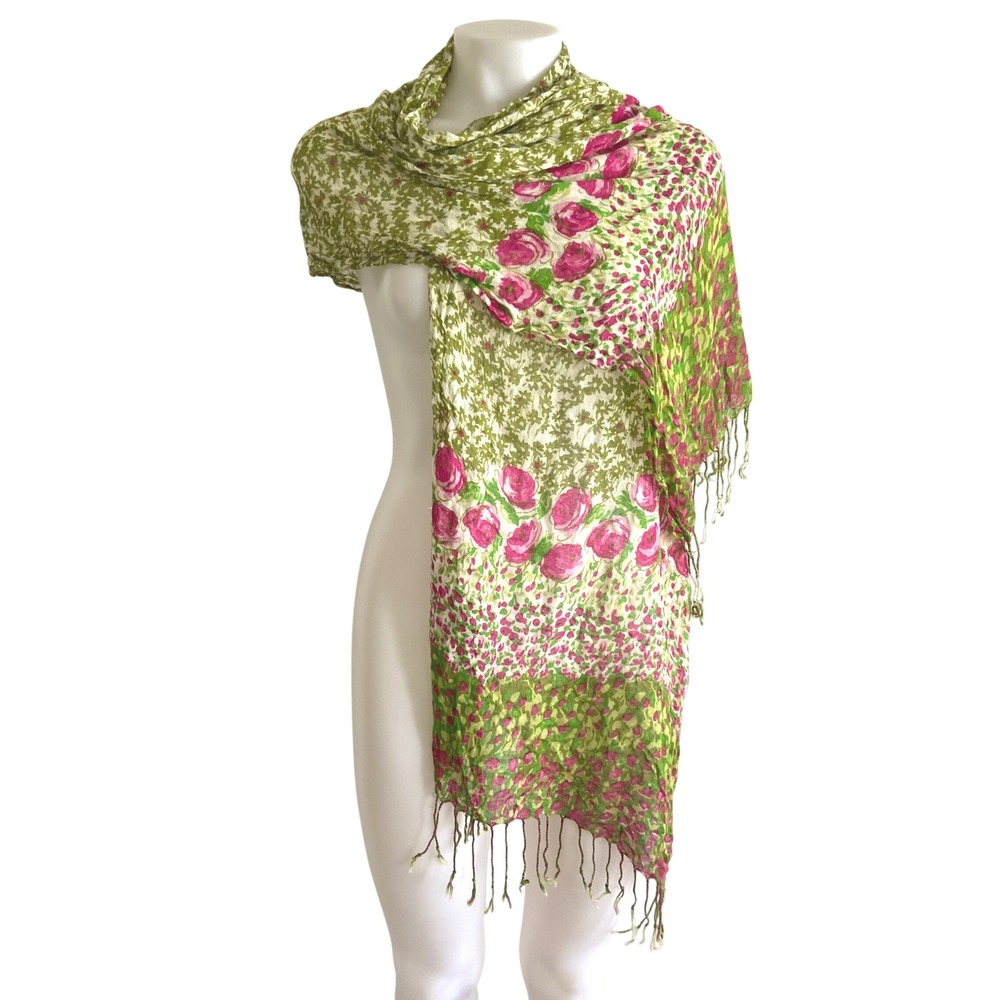 Pink Rose Floral Scarf Green White Sheer Lightweight Fringe Wrap Shawl